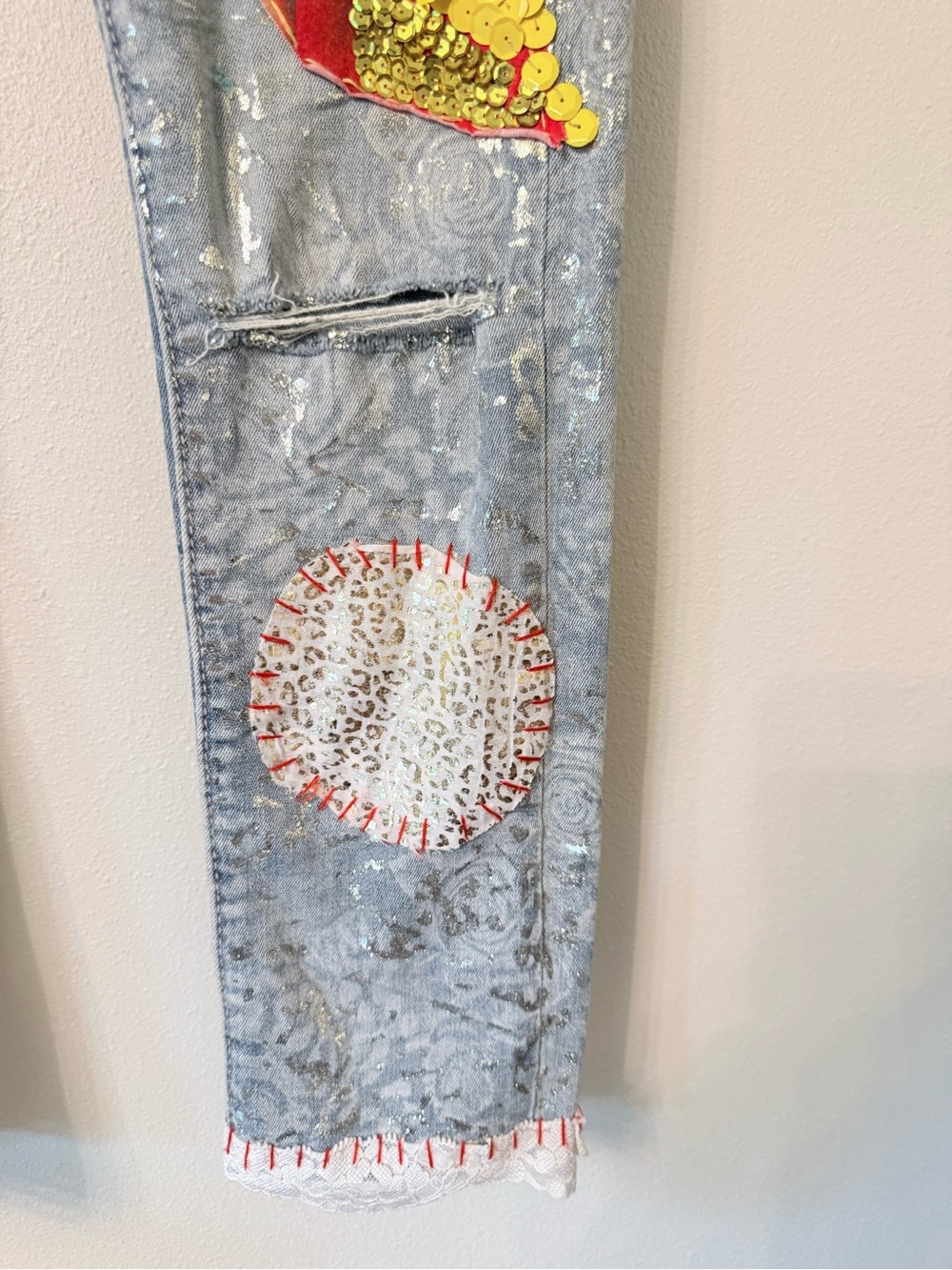 Angela Mele Milano Patchwork Embellished Cropped Jeans XS Italy Lace Sequin - Picture 7 of 10